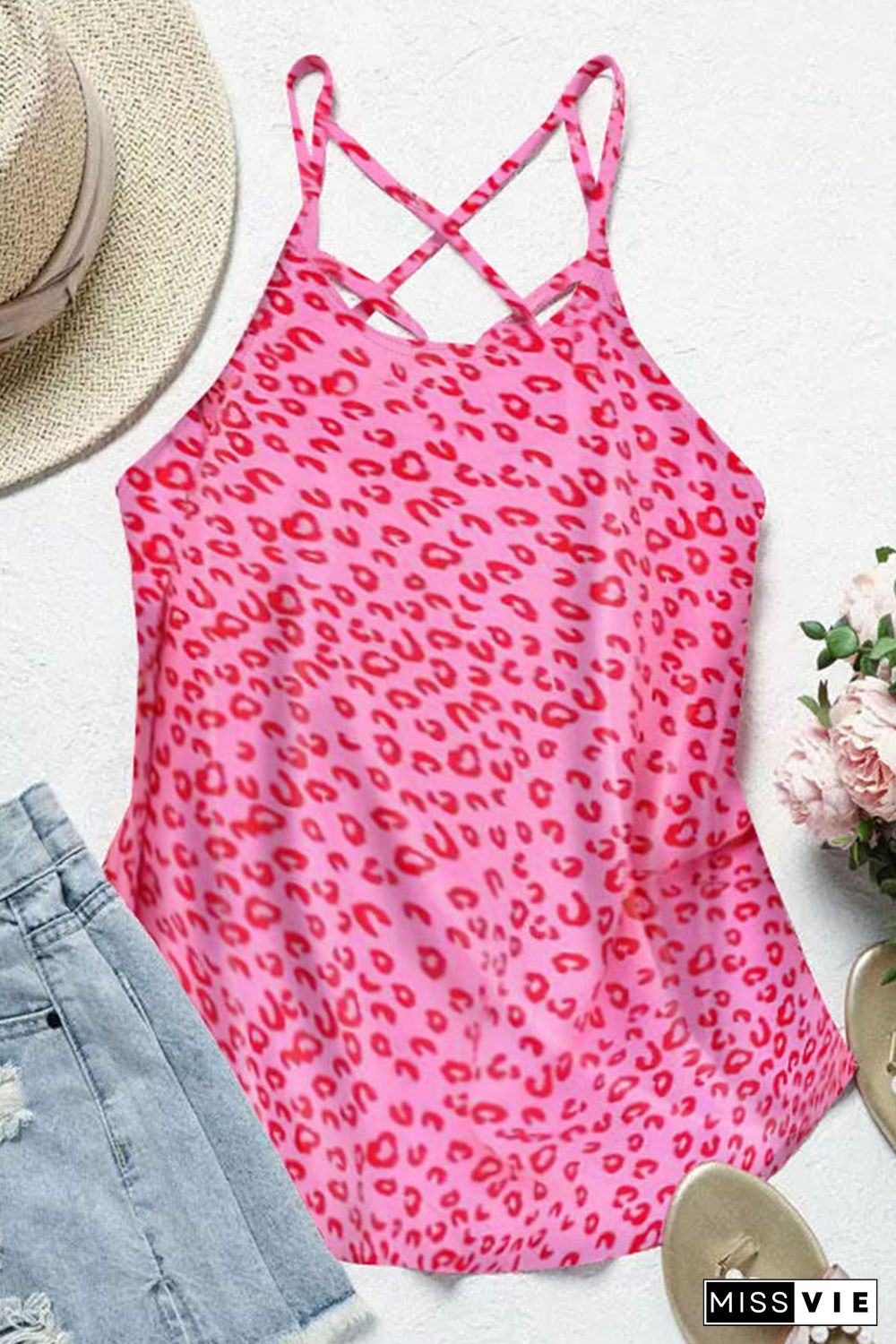 Leopard Strappy Back Detail Loose Tank Top