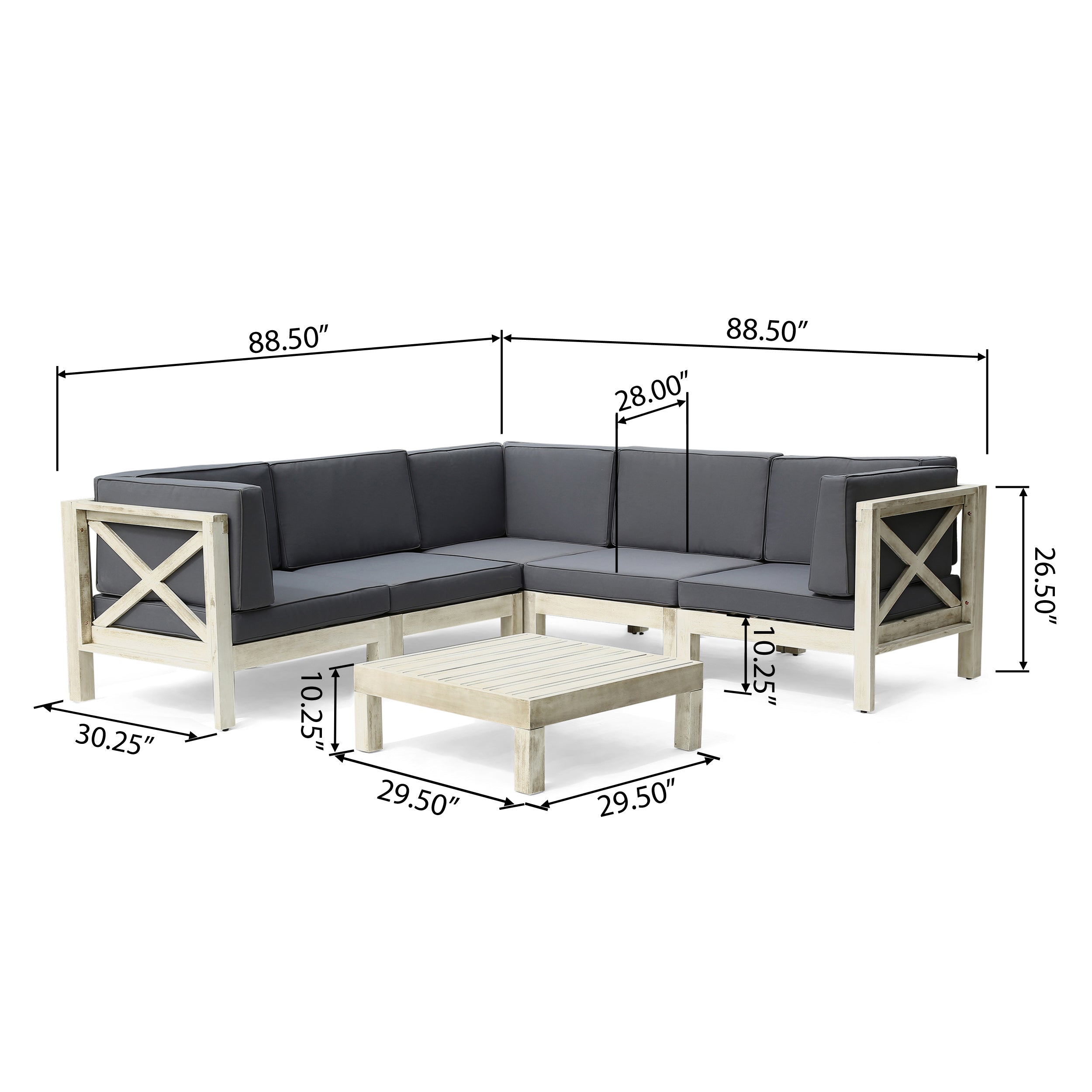 Brava Outdoor 5-Seater Gray Acacia Wood Sectional Sofa Set with Coffee Table