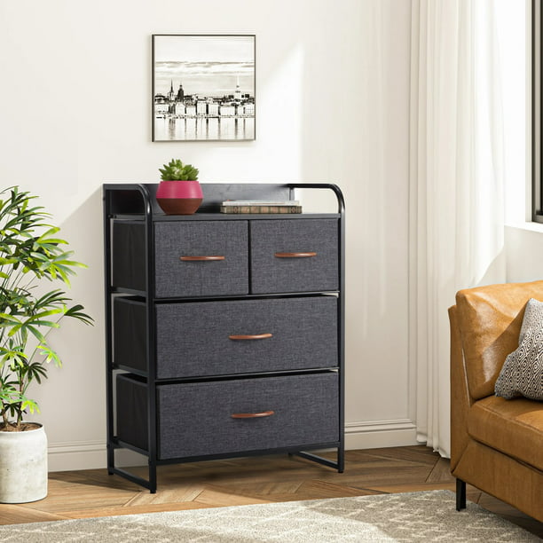 AVAWING Dresser for Bedroom with 4 Drawers,Fabric Dresser Tower for Closets,Bedroom, Hallway- Sturdy Steel Frame, Black Wooden Top(Grey)