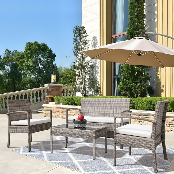 4 pieces Outdoor PE Rattan Weaving Wicker Conversation Sets， Beige - Overstock - 37882934