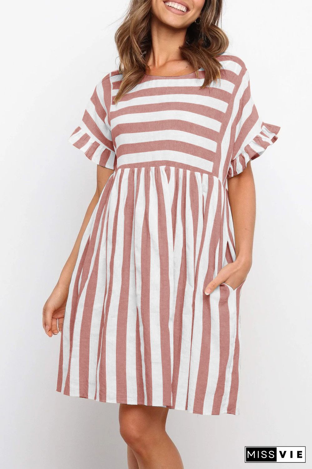 KarliDress Flounces Short Sleeved Stripes Mini Dress P12547