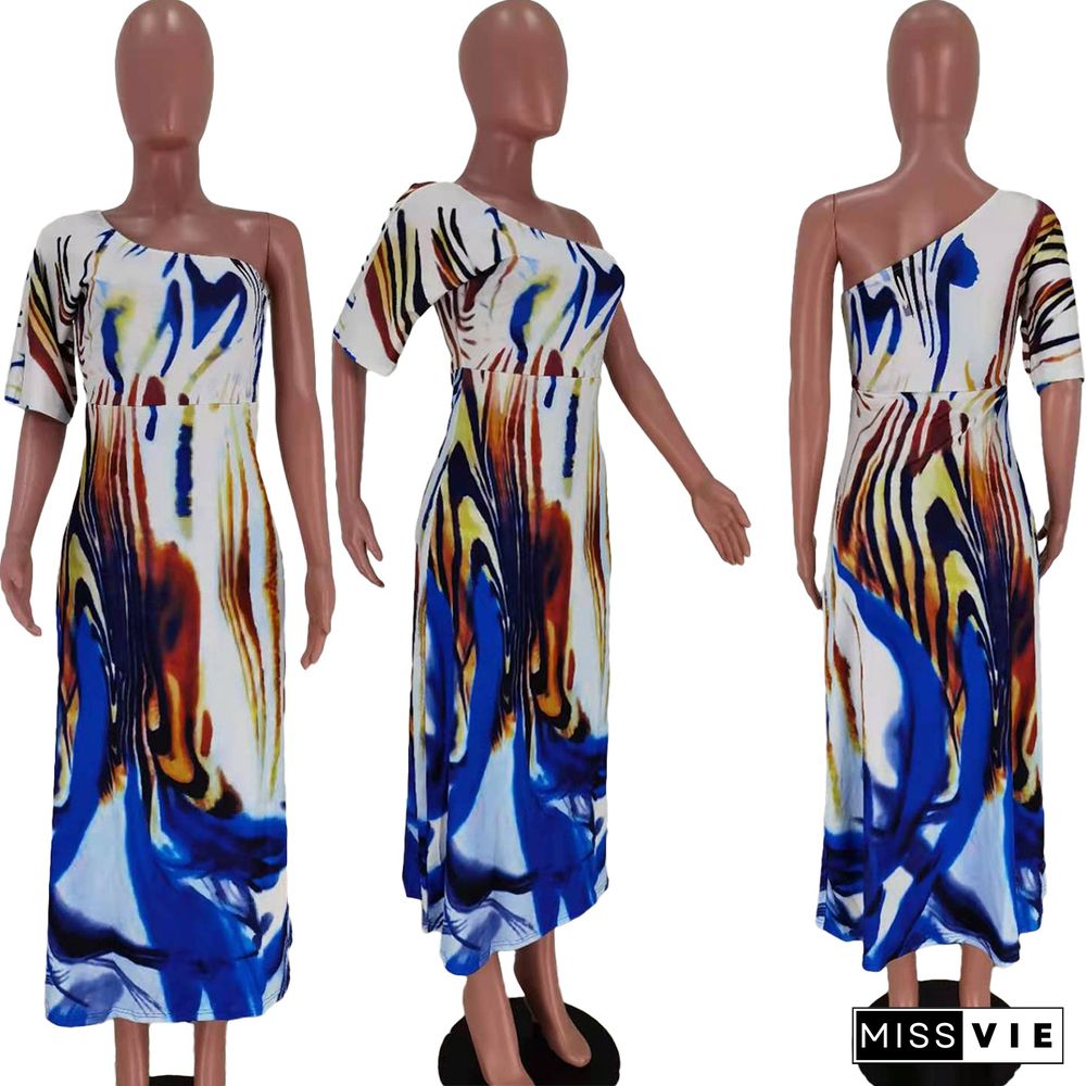 Summer Fashion Women Print Skew Shoulder Short Sleeve Loose Fit Beach Party Long Maxi Dress