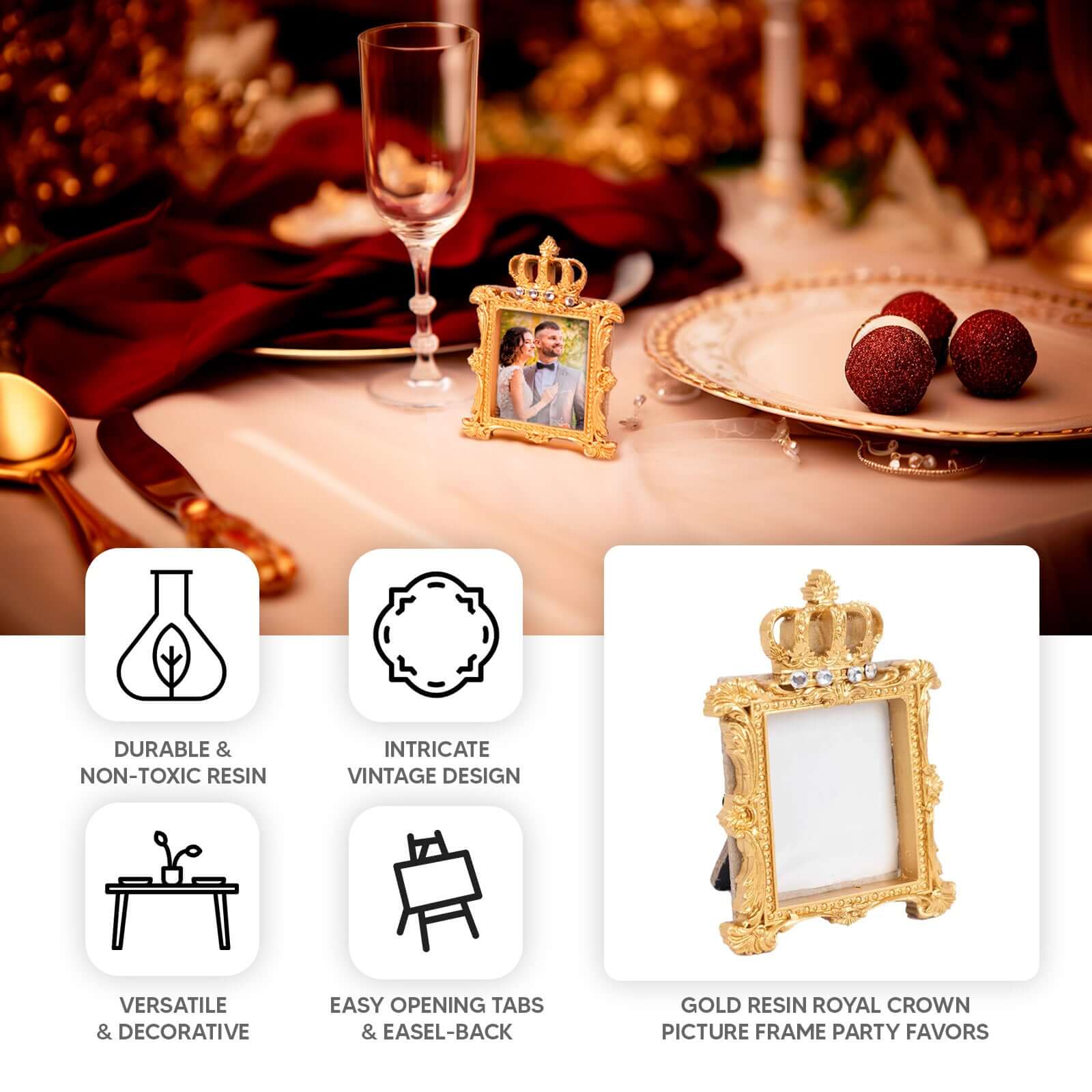 4 Pack Gold Resin Royal Crown Square Party Favors Picture Frame, Baroque Wedding Place Card Holders - 3.5