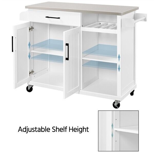 Kitchen Island Cart on Wheels with Stainless Top and Drawers and Towel Rack， White