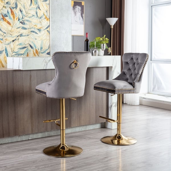 Modern Swivel Bar Stools Set of 2 Adjustable Counter Height with Velvet Upholstered Stool with High Back and Ring Pull