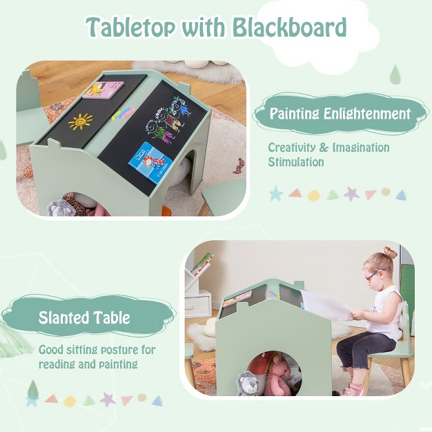 Onesstop 3 Piece Kids Wooden Table And Chair Set With Blackboard For Drawing Reading Green gray white