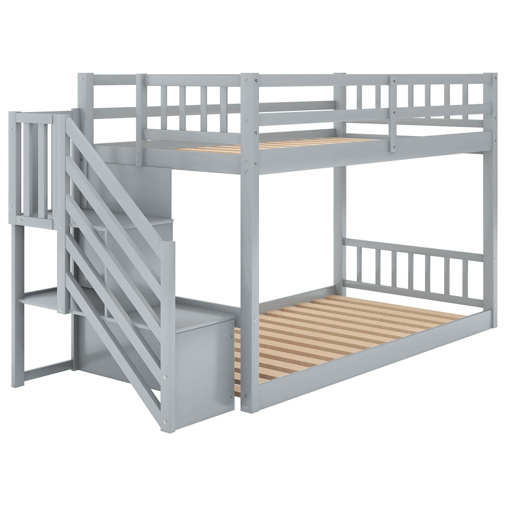 Euroco Wood Twin Over Twin Floor Bunk Bed with Stairs for Kids Room, Gray