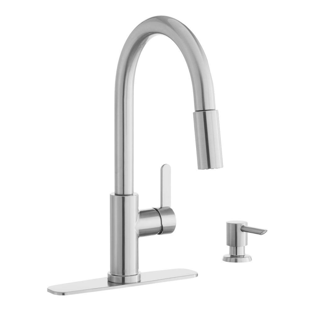 Glacier Bay Paulina Single-Handle Pull-Down Sprayer Kitchen Faucet with TurboSpray FastMount Soap Dispenser in Stainless Steel HD67780-1008D2