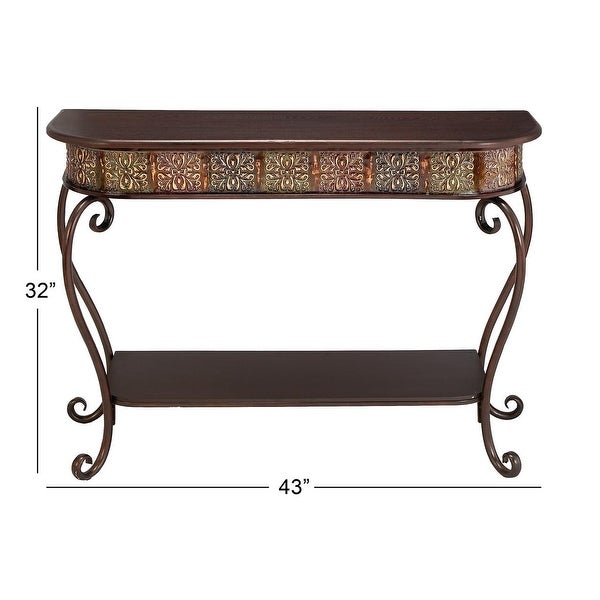 Traditional Brown Wood and Metal Console， Entryway， Hallway Table with Ornate Detailing and Round Edges， 43