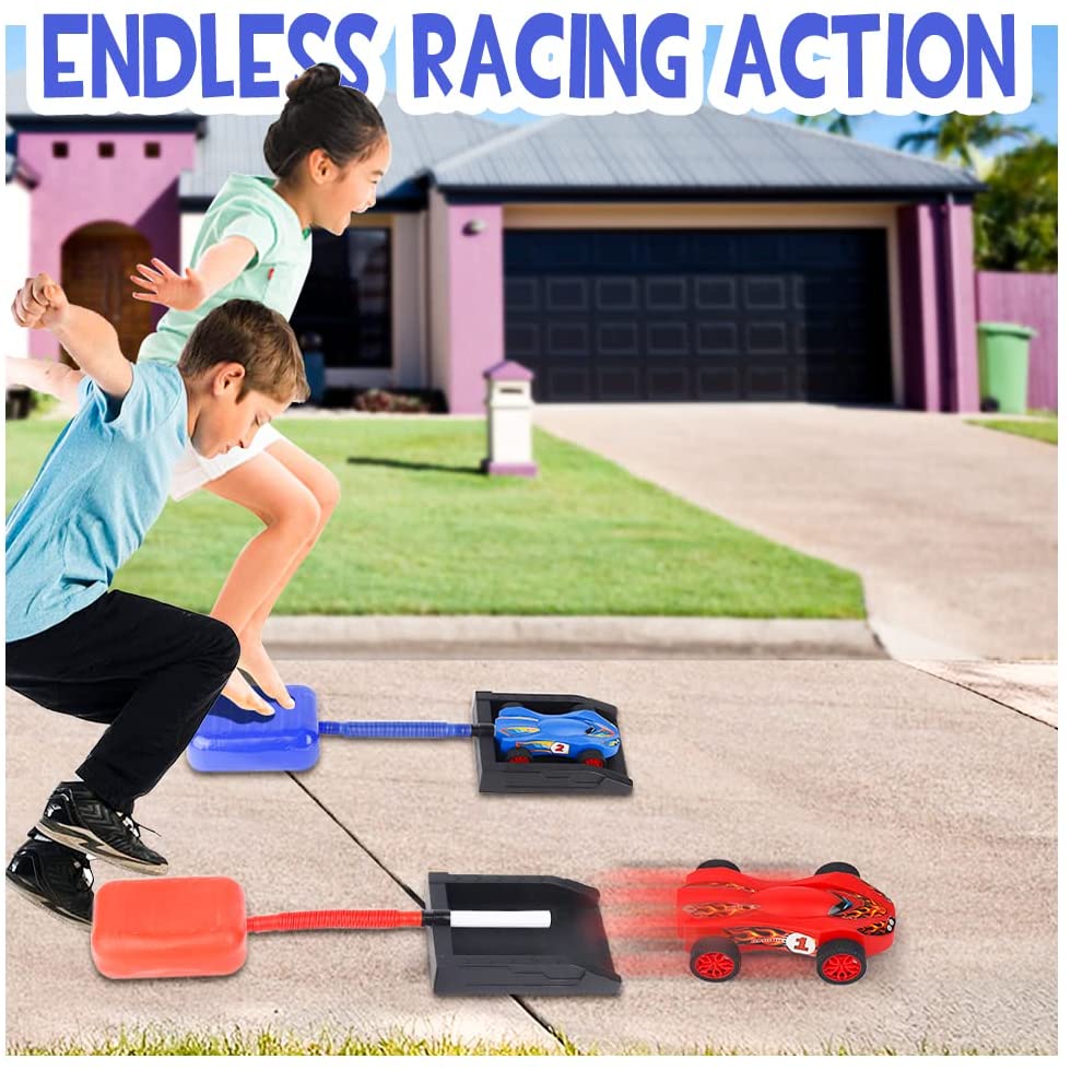 Stomp Dueling Racers，Outdoor Toy，Birthday Gift for Kids，Toys for Boys 8 to 11 Years，Air Powered Outdoor Toy Cars for Boys and Girls，2 Toy Car Launchers and 2 Air Powered Cars with Ramp and Finish Line