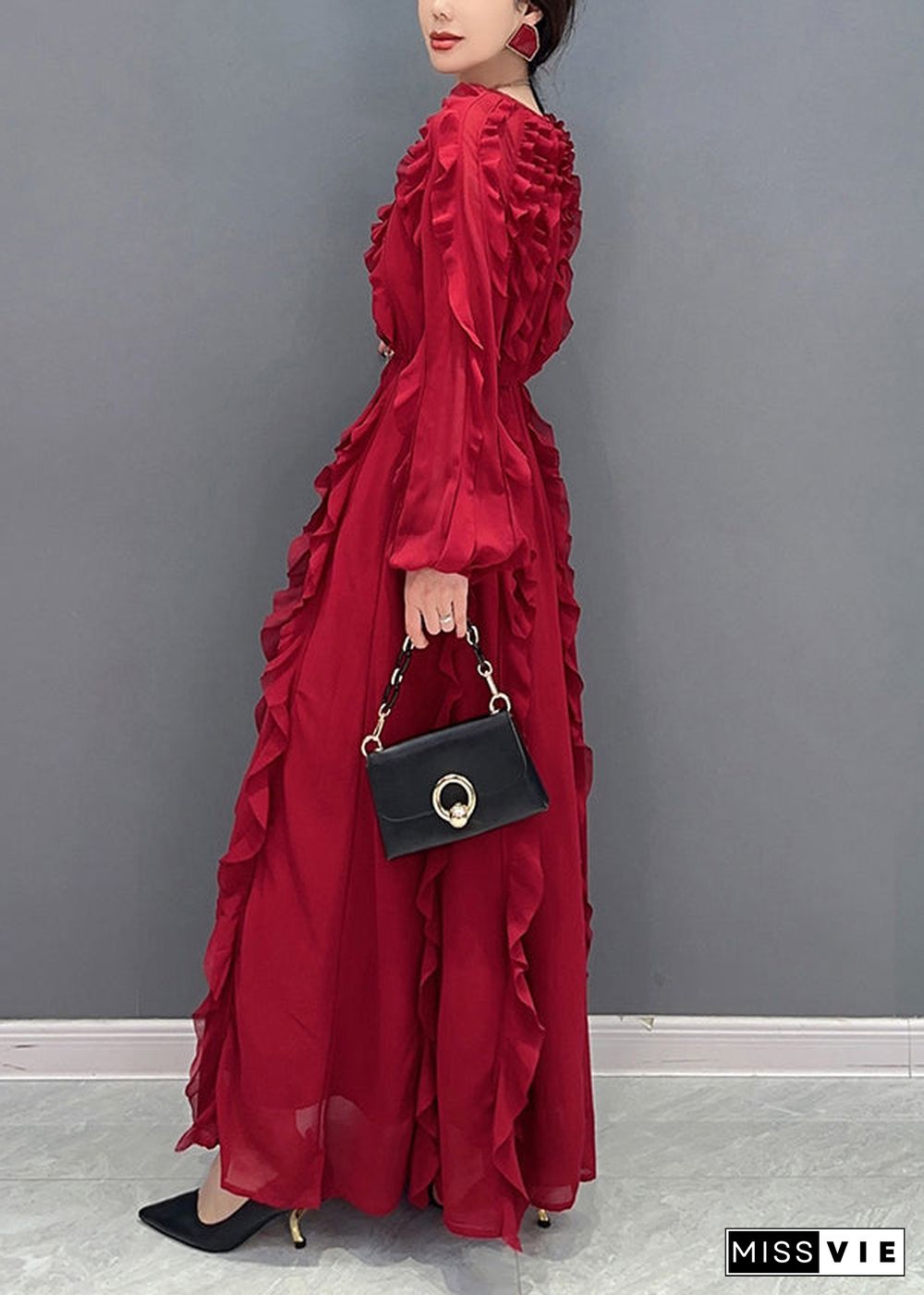 Red Slim Fit Chiffon Long Dresses O-Neck Ruffles Spring