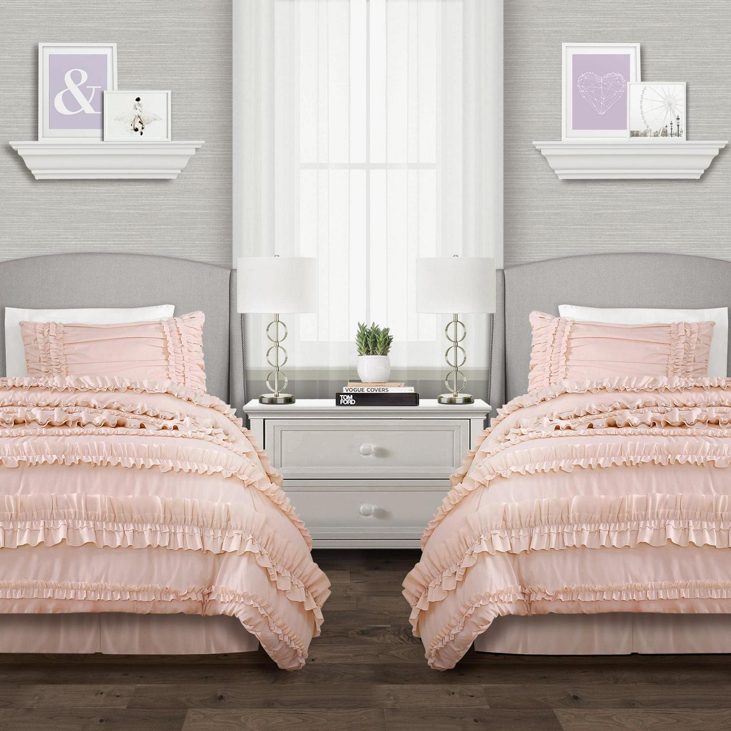 Lush Decor Belle Textured Ruffle Detail Back To Campus Dorm Room Comforter， Twin-XL， Blush， 3-Pc Set