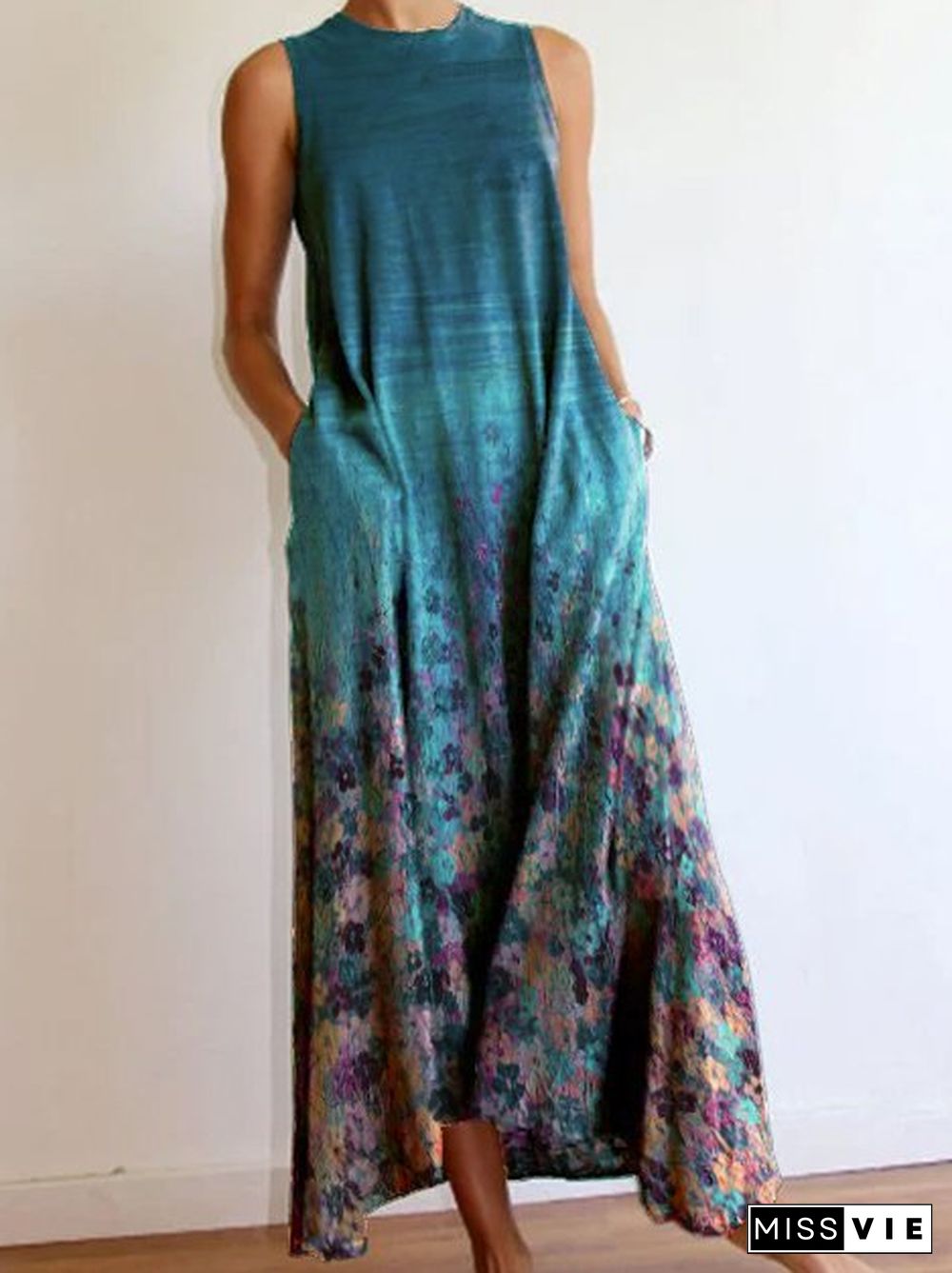 Crew Neck Boho Ombre/tie-Dye Knitting Dress