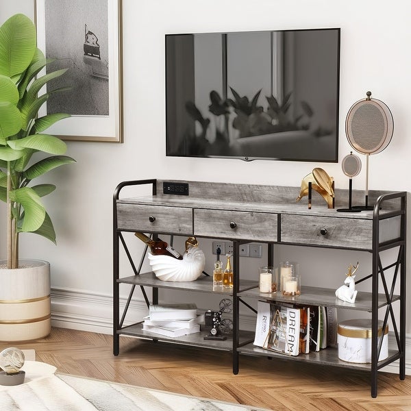 Console Table with Outlets and USB Ports， Narrow Entryway Table with 3-Drawer