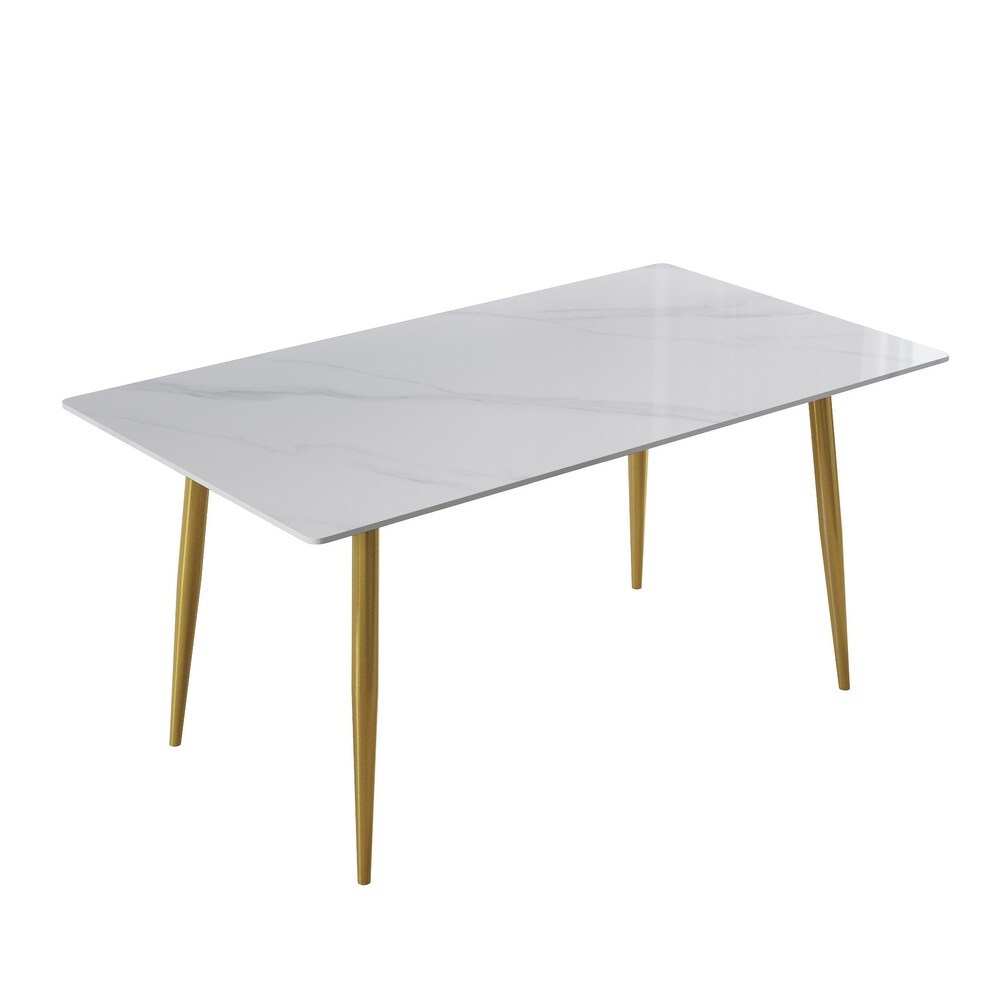 Modern White Slate Dining Table Rectangular Tabletop with Steel Legs for Kitchen and Dining Room