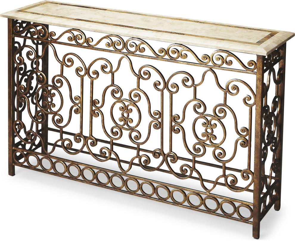 Contessa Iron  ampFossil Stone Console Table   Mediterranean   Console Tables   by HedgeApple  Houzz
