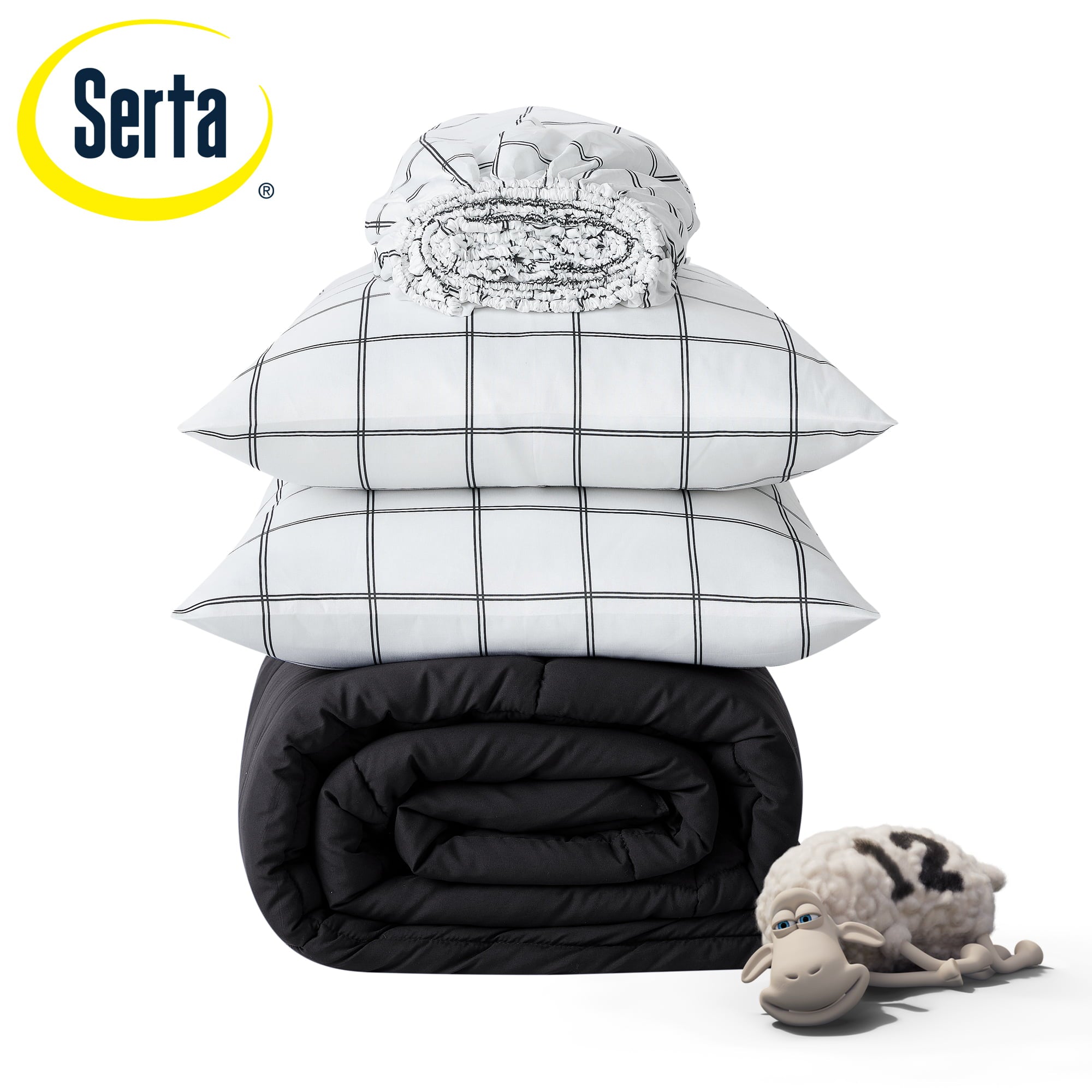 Serta Simply Clean Antimicrobial 7-Piece Bed in a Bag Black Solid Print， Queen