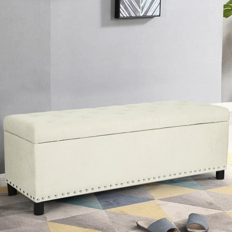 Adeco Deluxe Beige Linen Storage Ottoman Bench with Nailhead Trim