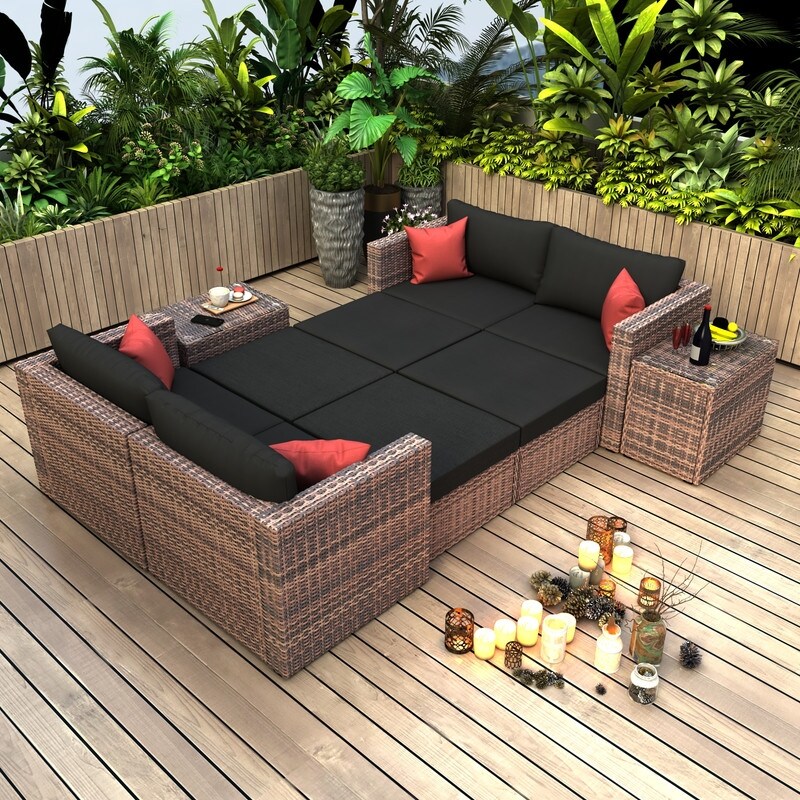 10 Pieces Outdoor Sectionals Sofa Patio Garden Brown Wicker Conversation Set with Black Cushions and Red Pillows for Poolside - Overstock - 37846946