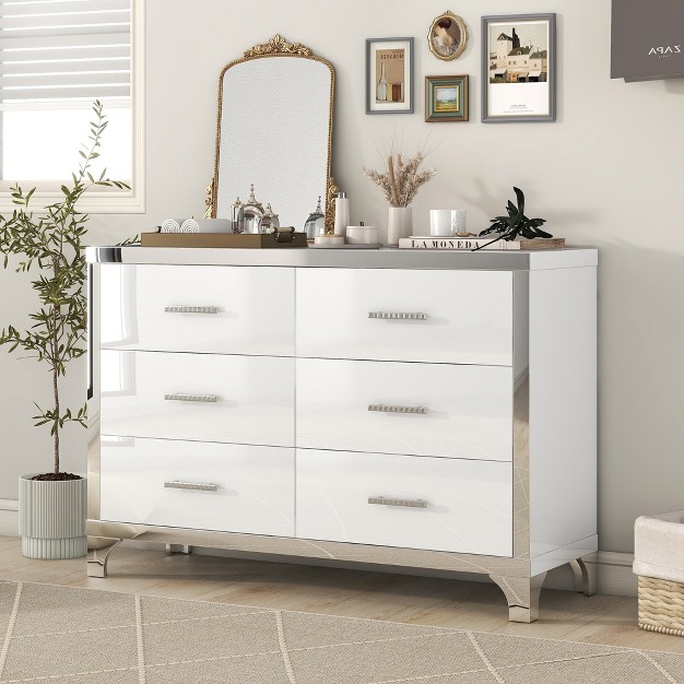 Modern High Gloss Dresser With Metal Handle Storage Cabinet With 6 Drawers White modernluxe