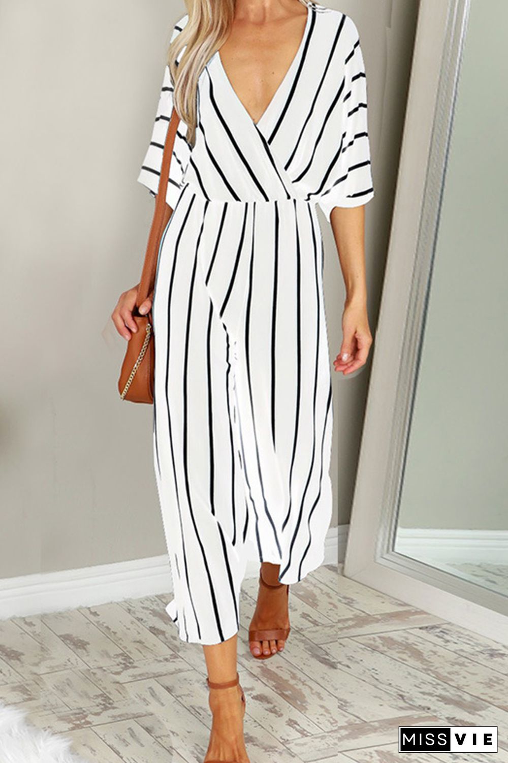 Casual Striped Patchwork V Neck Straight Jumpsuits