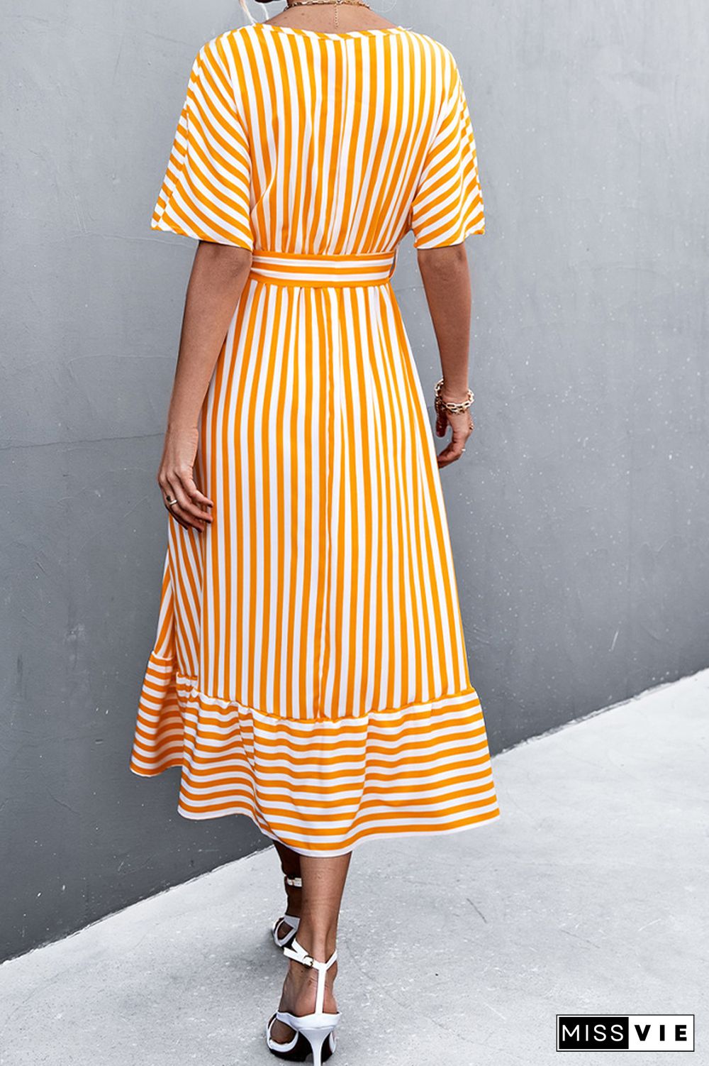 Stripe Print V-neck Short Sleeve Tie Waist Long Dress Wholesale