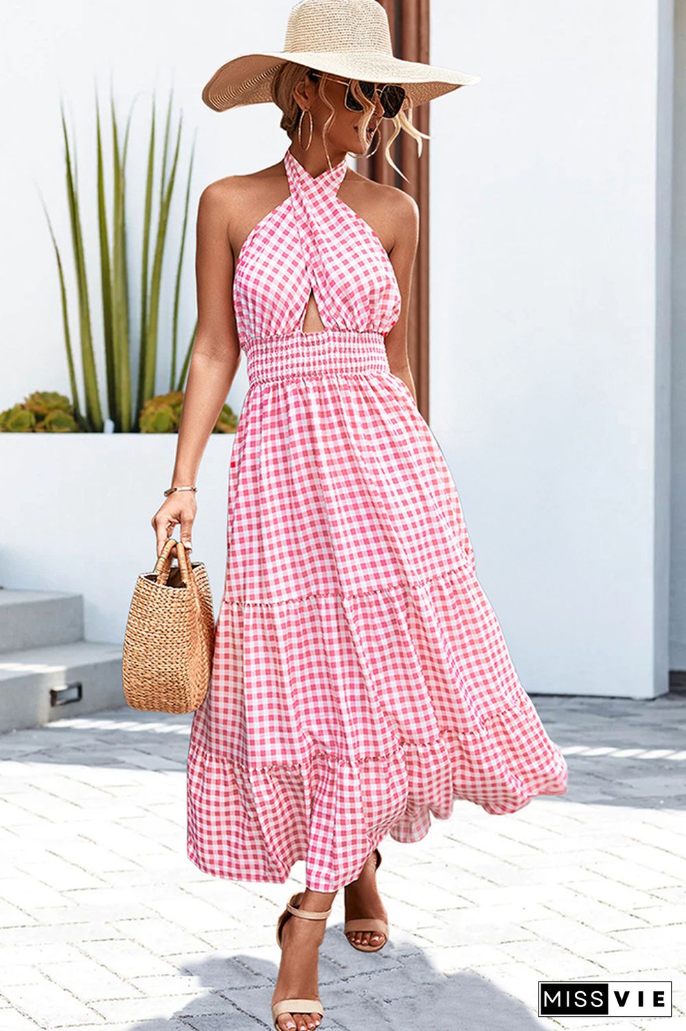 Halter Wrap Splicing Plaid Floral Dress