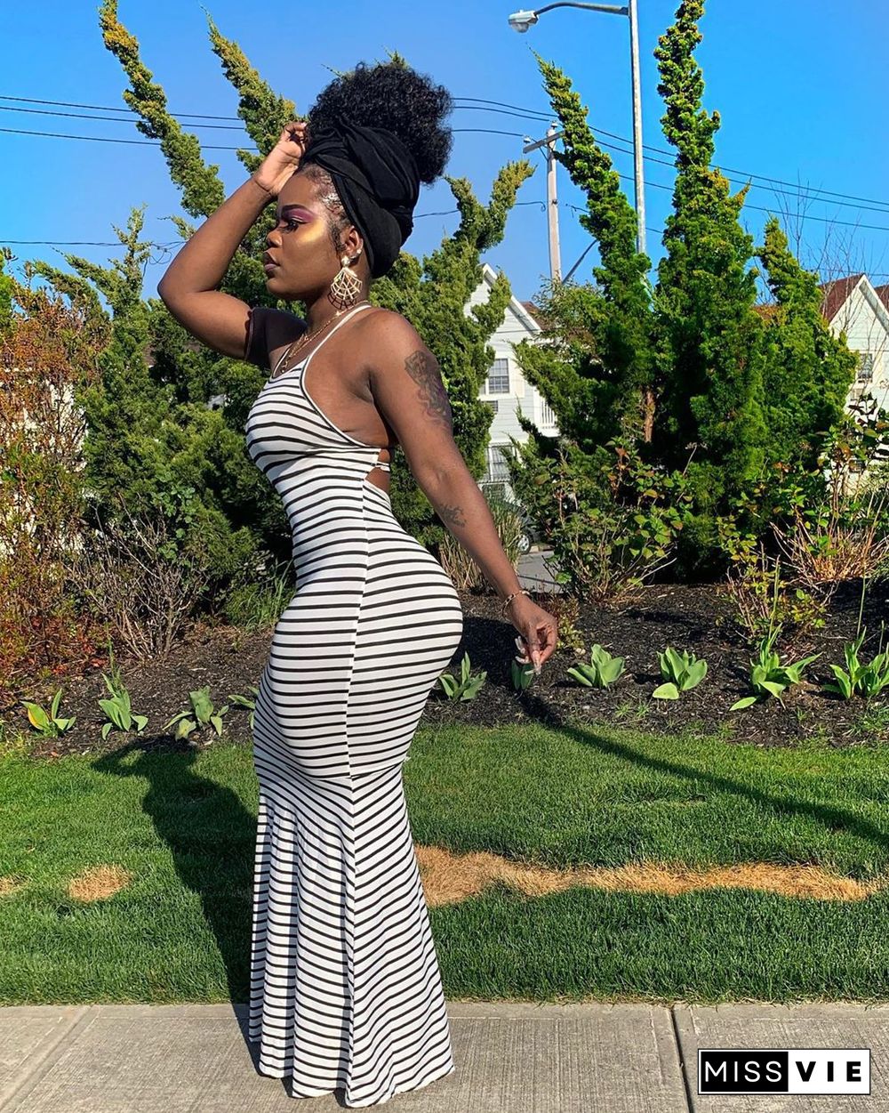 Stripe Print Backless Bandage Maxi Dresses