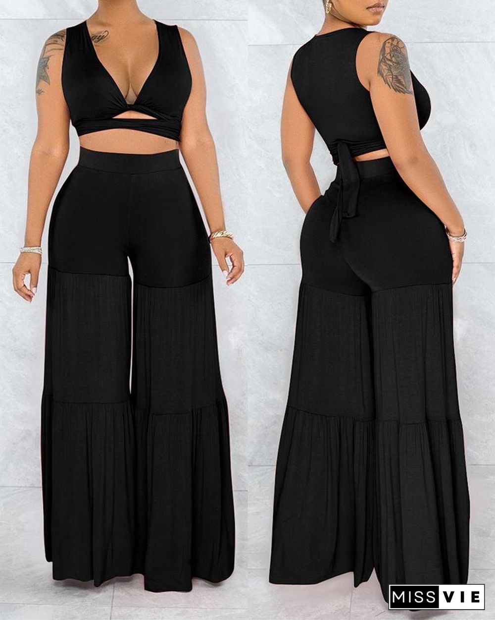 Solid Color Lace-up Ruched Tank Top With Wide Leg Pants Suit Sets