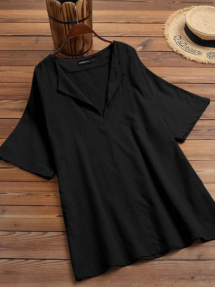 V-neck Casual Loose Solid Color Cotton And Linen Blouse