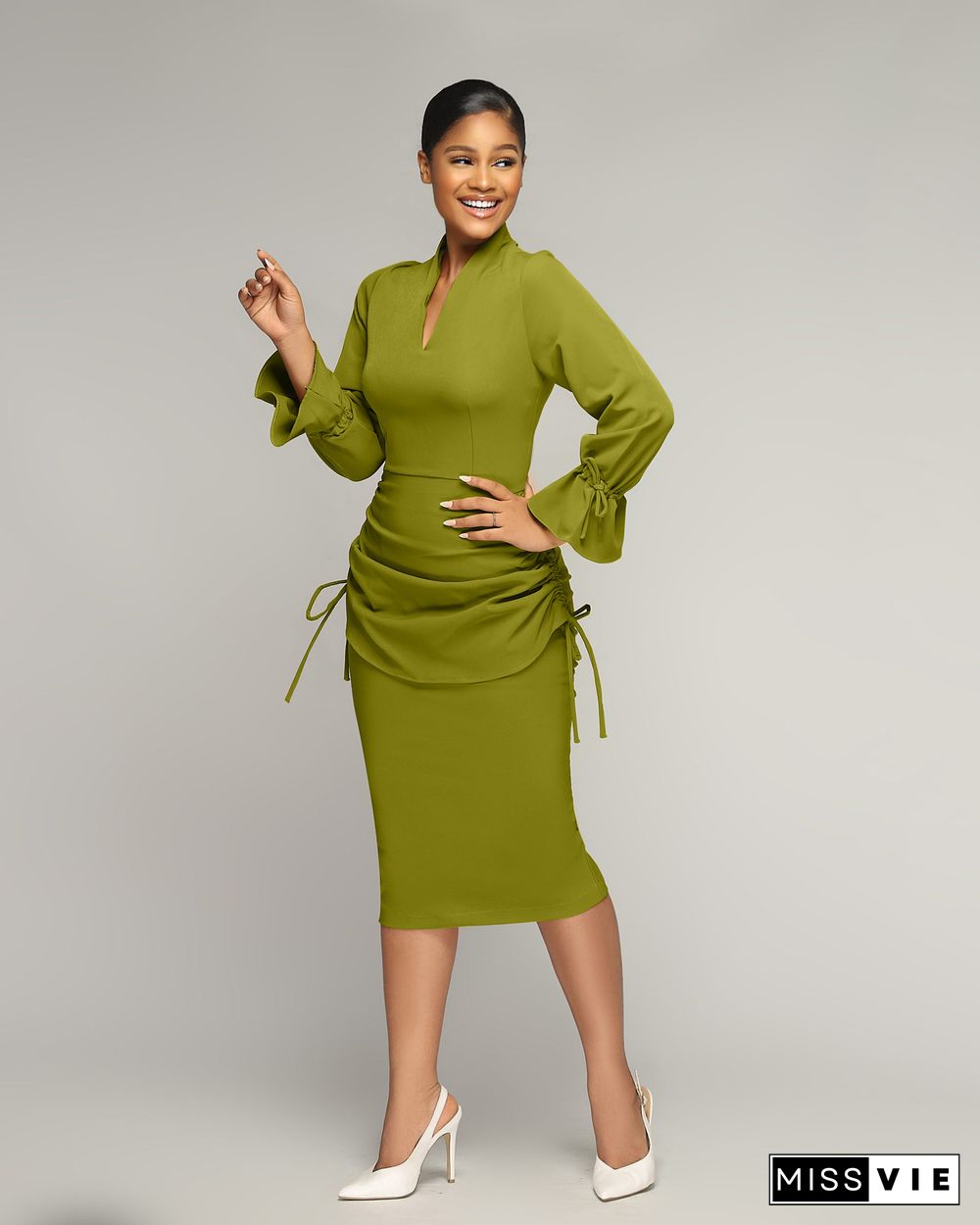 Flare Long Sleeve Drawstring Ruched Bodycon Dress