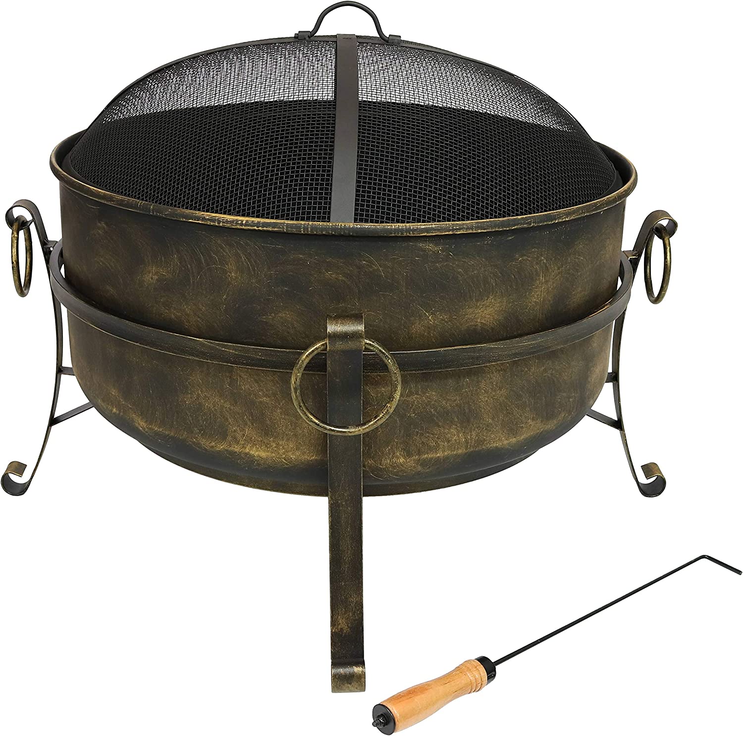 Sunnydaze Outdoor Cauldron Fire Pit - 24-Inch Backyard and Patio Wood-Burning Fire Pit for Outside with Round Spark Screen， Fireplace Poker， and Metal Grate