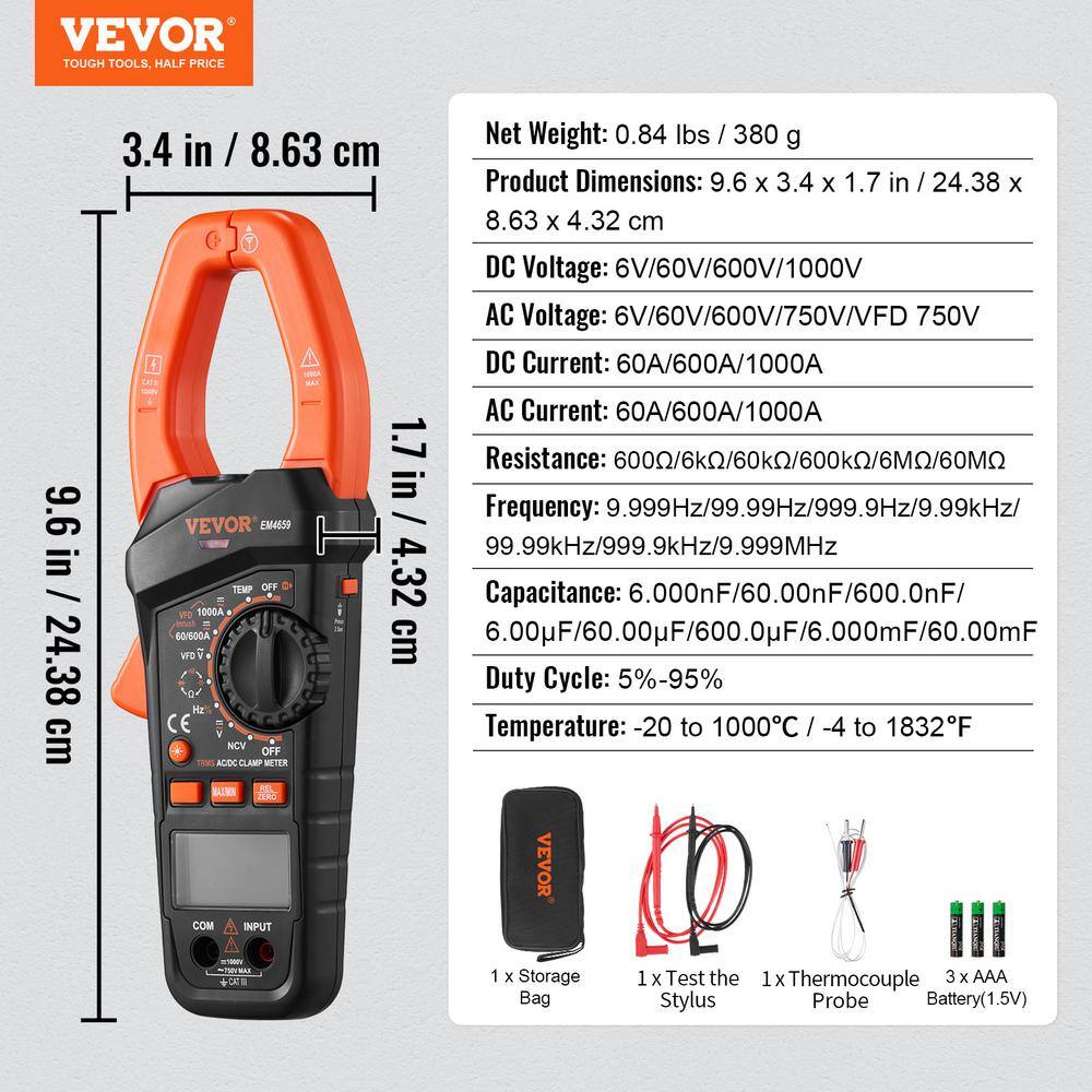 VEVOR 1000 Amp Digital Clamp Meter T-RMS 6000 Counts Clamp Multi-meter Tester for Home Industry Voltage Resistance Maintenance QXBFZDKCWACDCBUUBV0