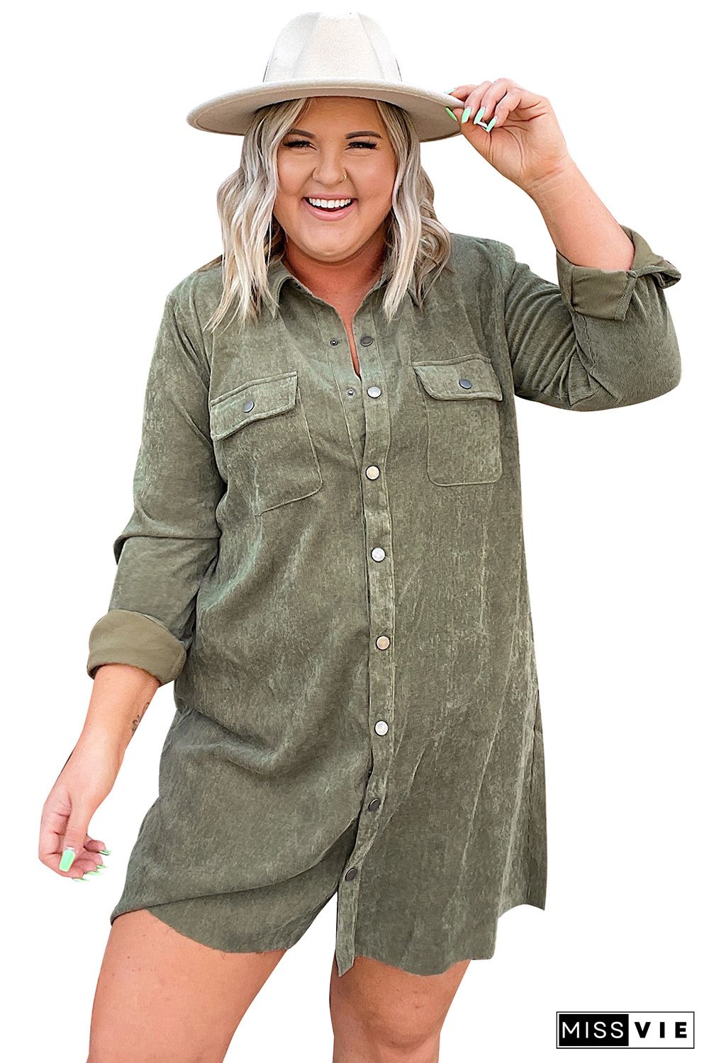 Green Plus Size Long Sleeve Buttoned Shirt Dress