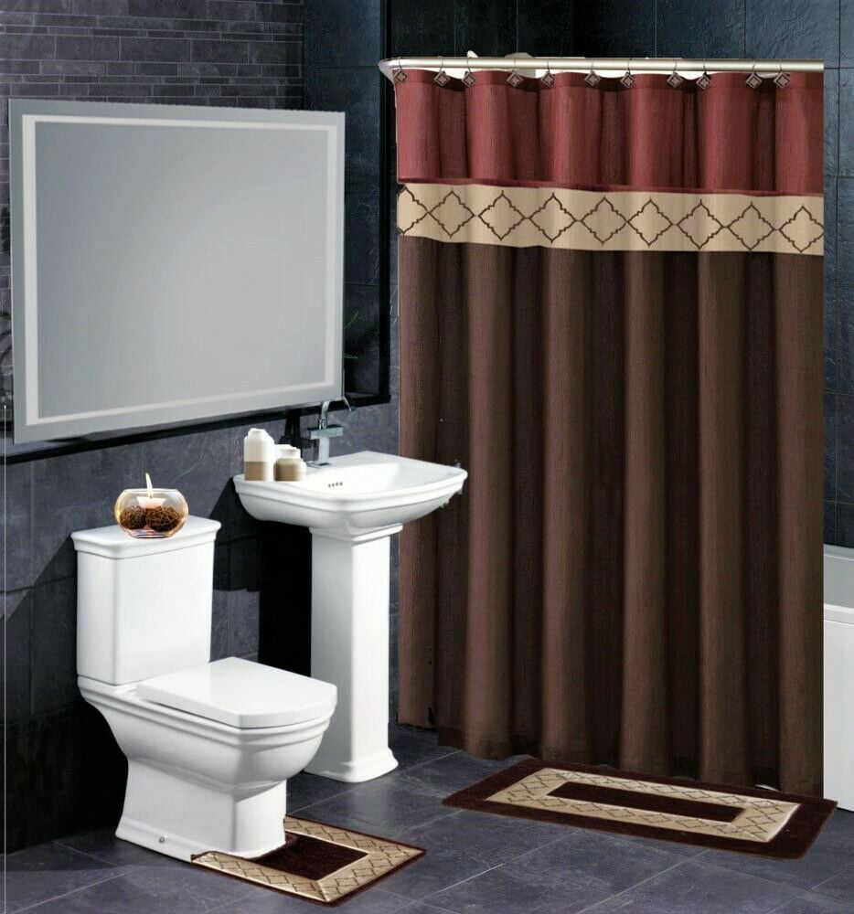 Soft and Stylish Chenille Rug， Mat Decor Bathroom set Dinasty Brown Design Washable non slip includes 15pc :2 bath rug/mat + 1 shower curtain + 12pc rings