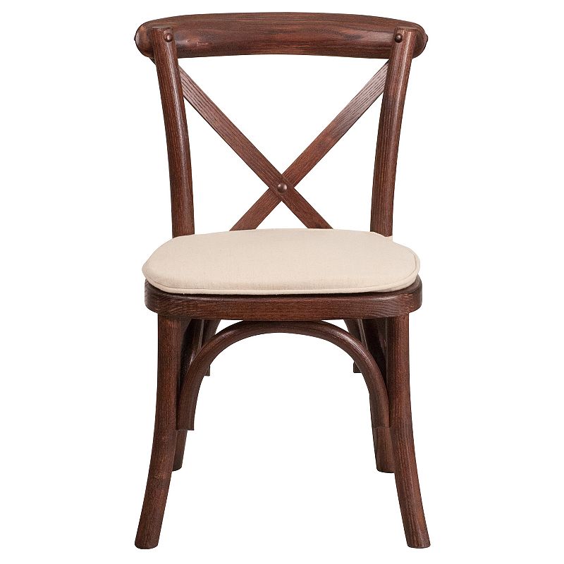 Merrick Lane Kid's Stackable Ash Wood Crossback Chair in a Mahogany Finish with Cushion and Plastic Floor Glides