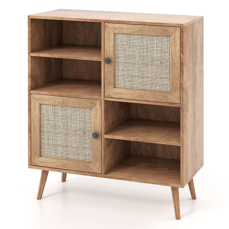 Rattan Buffet Cabinet with 2 Doors and 2 Cubbies-Natural