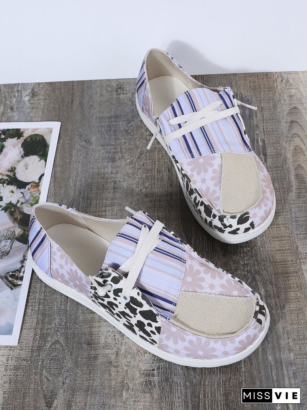 Striped Leopard Print Floral Panel Canvas Flats