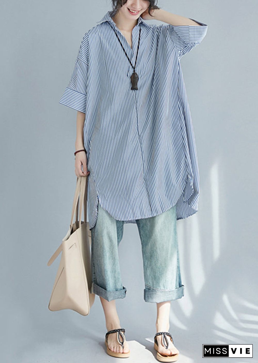 Blue Striped Cotton Shirt Dress Oversized Side Open Summer