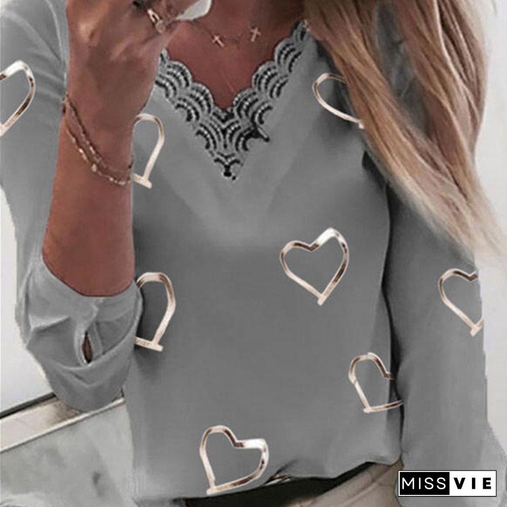 Fashion Women Spring Print V-neck Lace Long-sleeved Bottoming T-shirt