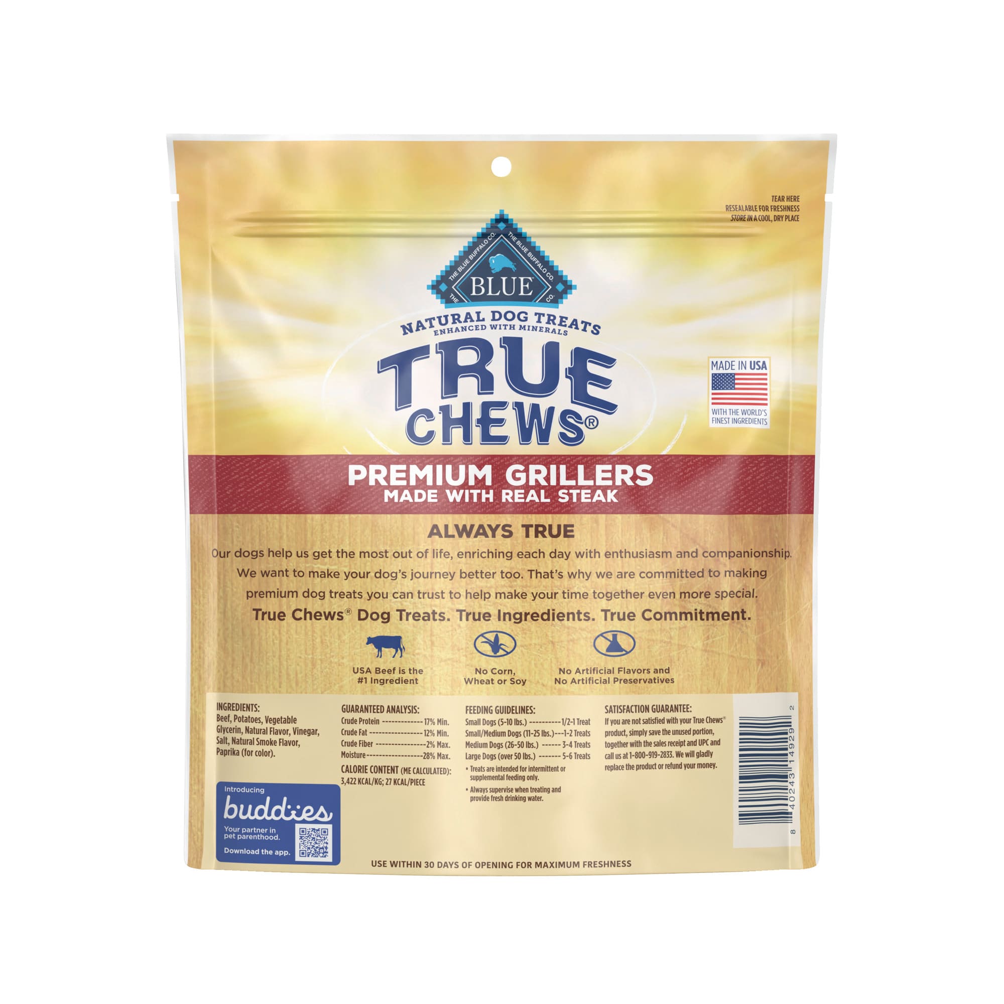 Blue Buffalo True Chews Natural Premium Steak Grillers Dog Treats， 20 oz.