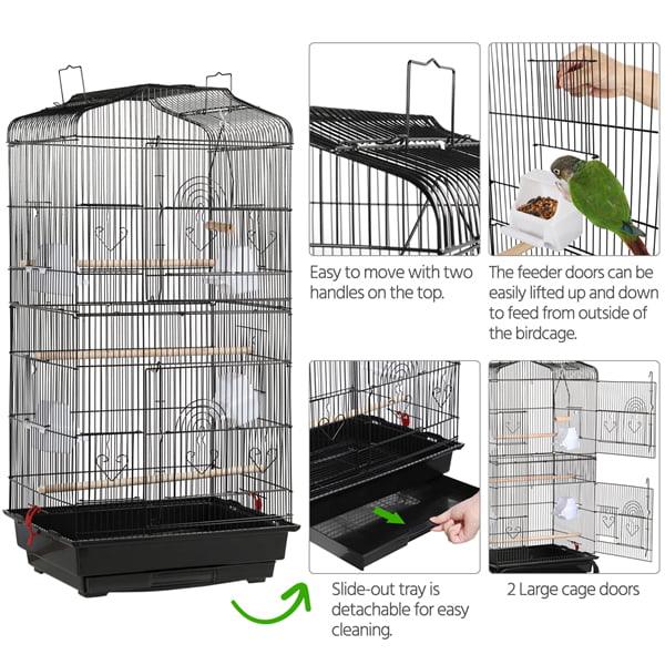 Topeakmart 41'' H Open Top Metal Bird Cage with Four Feeders， Black