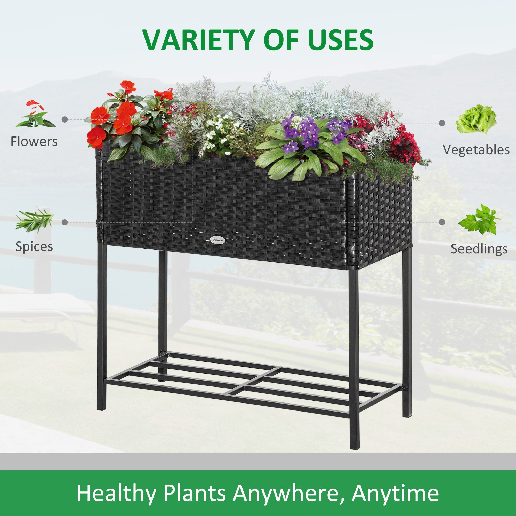 Outsunny Elevated Metal Raised Garden Bed with Rattan Wicker Look, Underneath Tool Storage Rack, Sophisticated Modern Design, Black