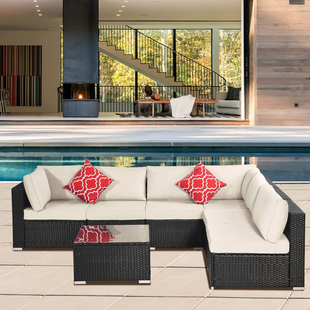 Outdoor Garden Patio Furniture 7 Piece PE Rattan Wicker Sectional Cushioned Sofa Sets with 2 Pillows and Coffee Table