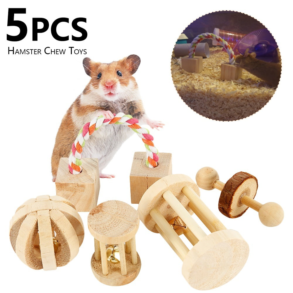 Willstar 5PCS Hamster Chew Toys Natural Wooden Play Toy Exercise Bell Roller Teeth Care Molar Toy for Bunny Rabbits Rats Gerbils and Other Small Pets