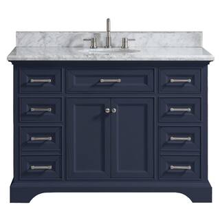 Home Decorators Collection Windlowe 49 in. W x 22 in. D x 35 in. H Freestanding Bath Vanity in Navy Blue with Carrara White Marble Marble Top 15101-VS49C-NB