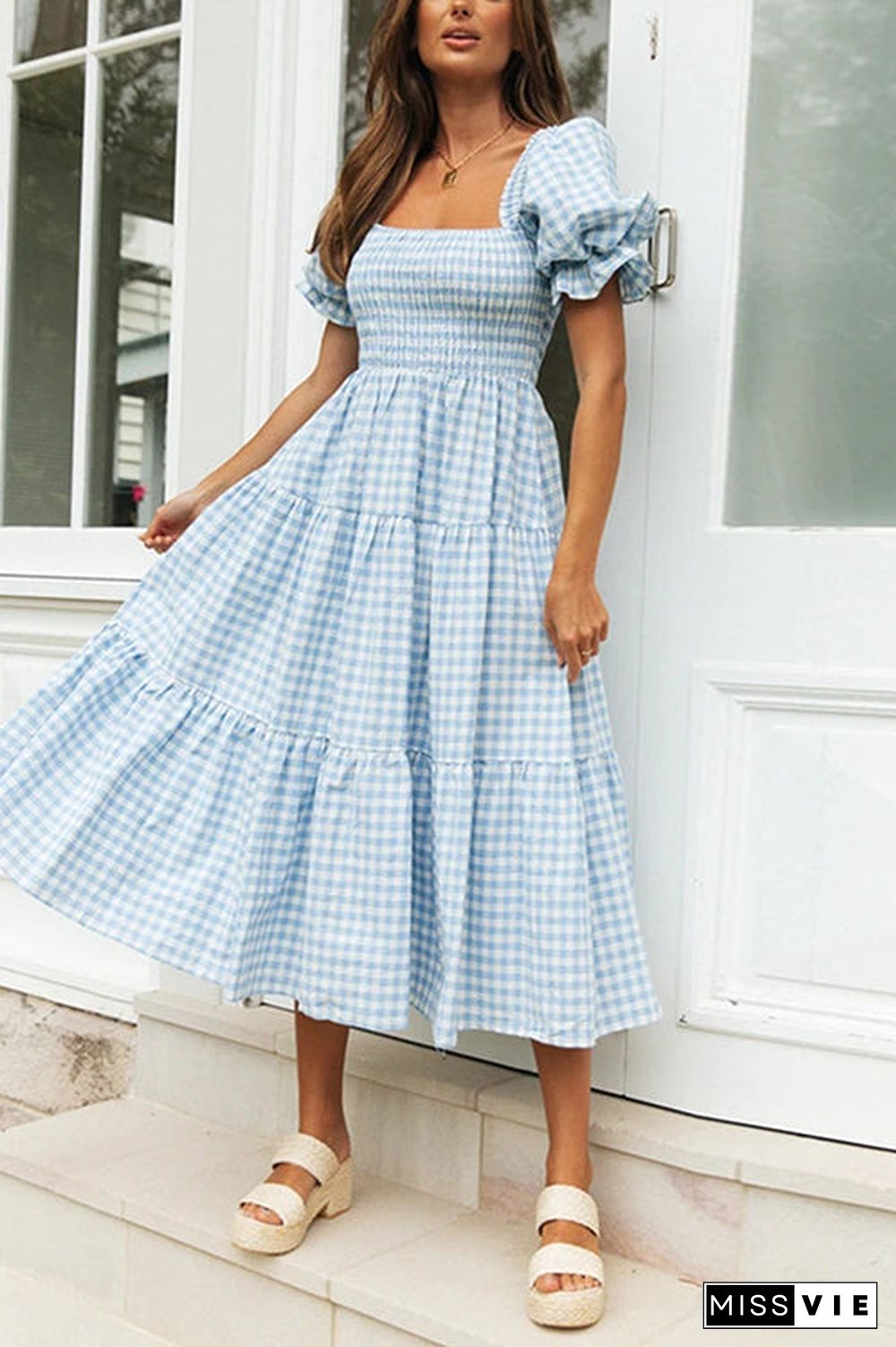 Plaid Square Neck Puff Sleeve Midi Dress