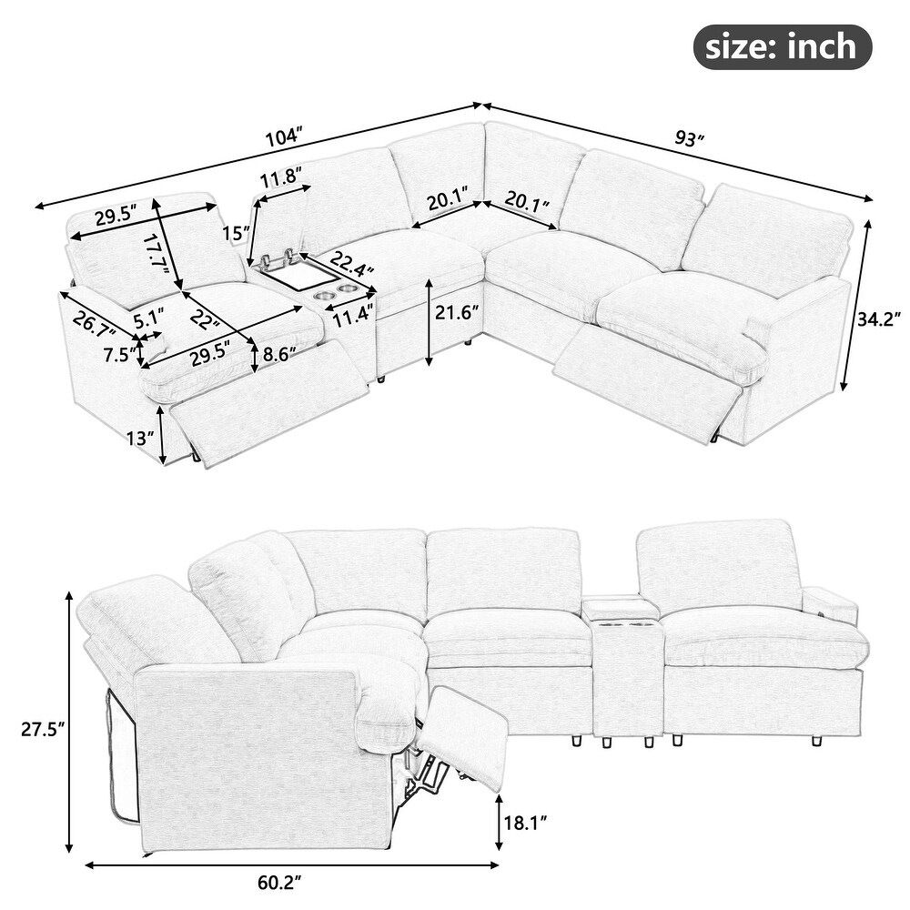 104'' Power Recliner Corner Couch w/ USB Ports and Power Socket  L shape Sectional Sofa Set w/ Storage Box   Cupholders