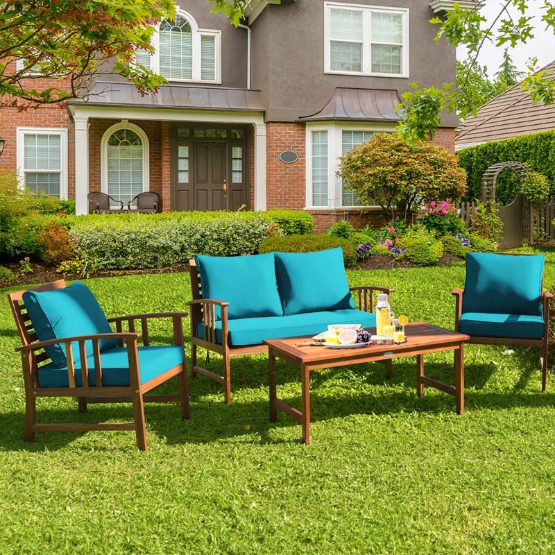 4 Pcs Acacia Wood Patio Furniture Set Outdoor Sofa Chair Conversation Set with Seat & Back Cushions