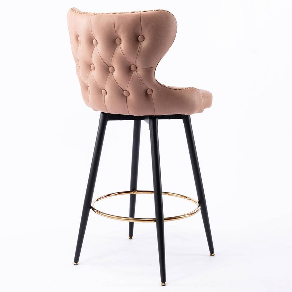 GOJANE 41.30 in. khaki Modern Leathaire Bar Stool with Tufted Gold Nailhead Trim and Metal Legs, Set of 2 W114342858LWY